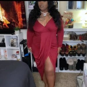 Chic V Neck Ruffle Design Purplish Red Ankle Length Dress